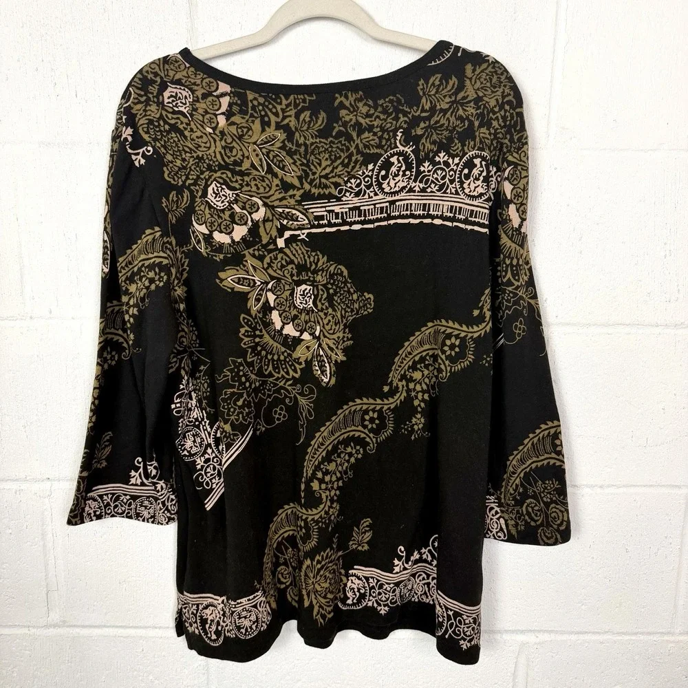 CJ Banks Tunic Black Tan Paisley Floral Beaded Artsy Eclectic Office Bohemian 1X - Picture 8 of 14